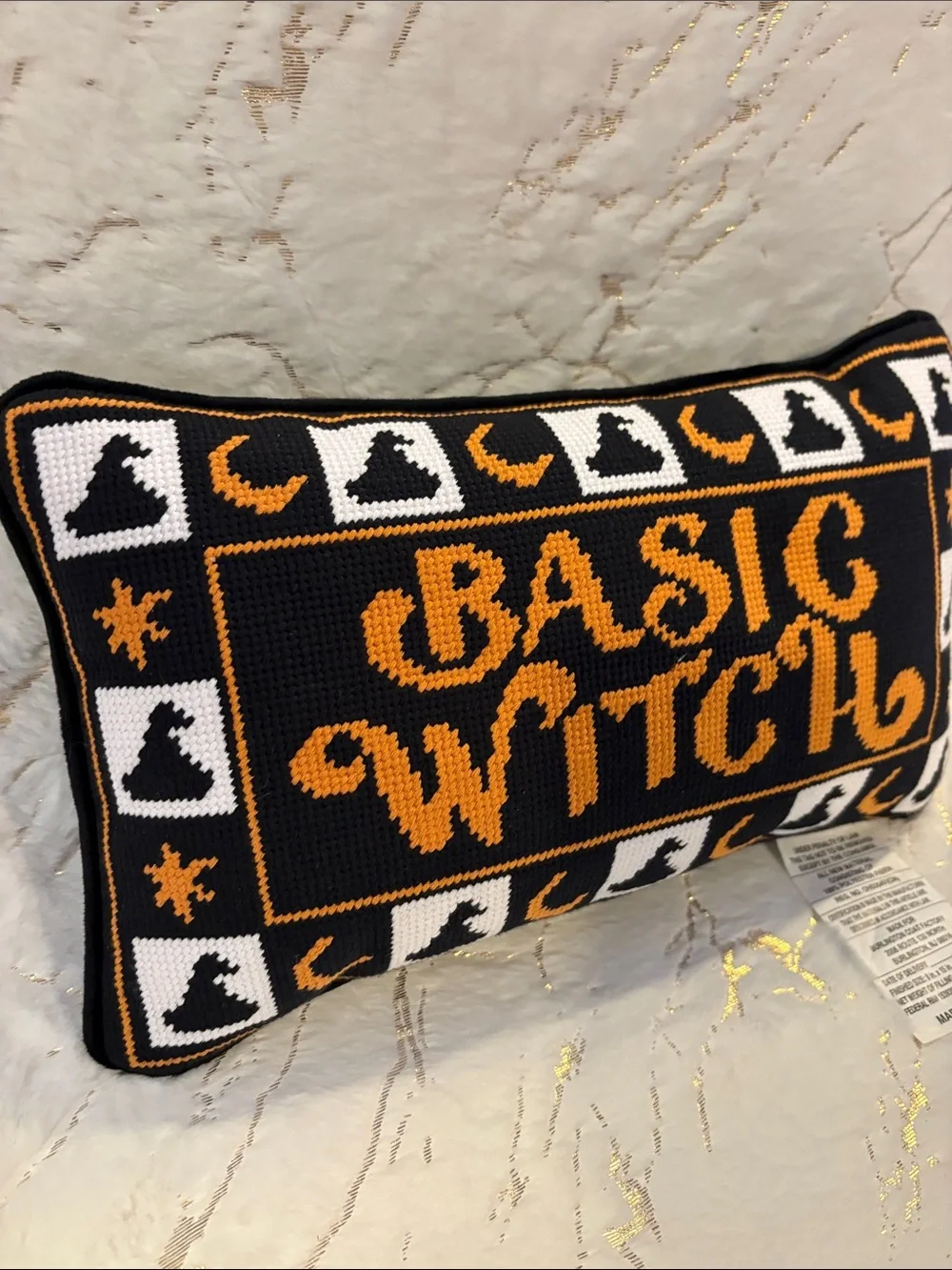 BNWT Needle Point Basic Witch Halloween Pillow - Black & Orange Knit Accent